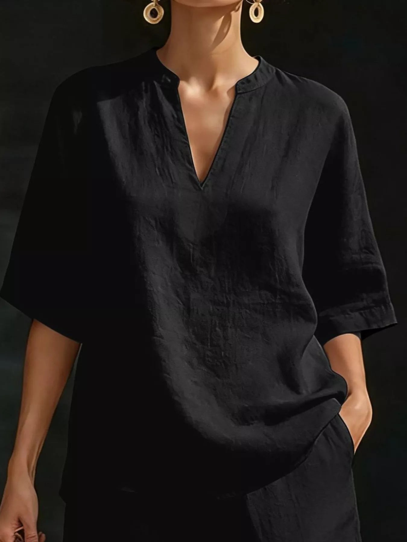 Full Size Notched Half Sleeve Top and Shorts Set Plus Size - Bayou Curves