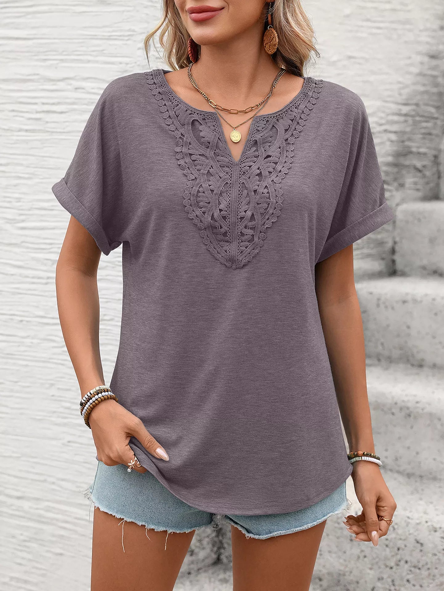 Lace Trim Short Sleeve T-Shirt - Bayou Curves