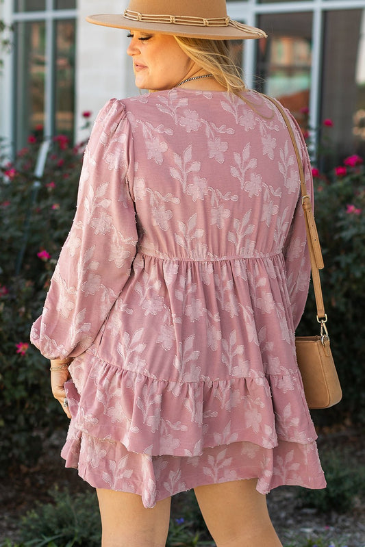 Plus Size Peach Blossom Floral Surplice V Neck Tiered Ruffled Dress - Bayou Curves