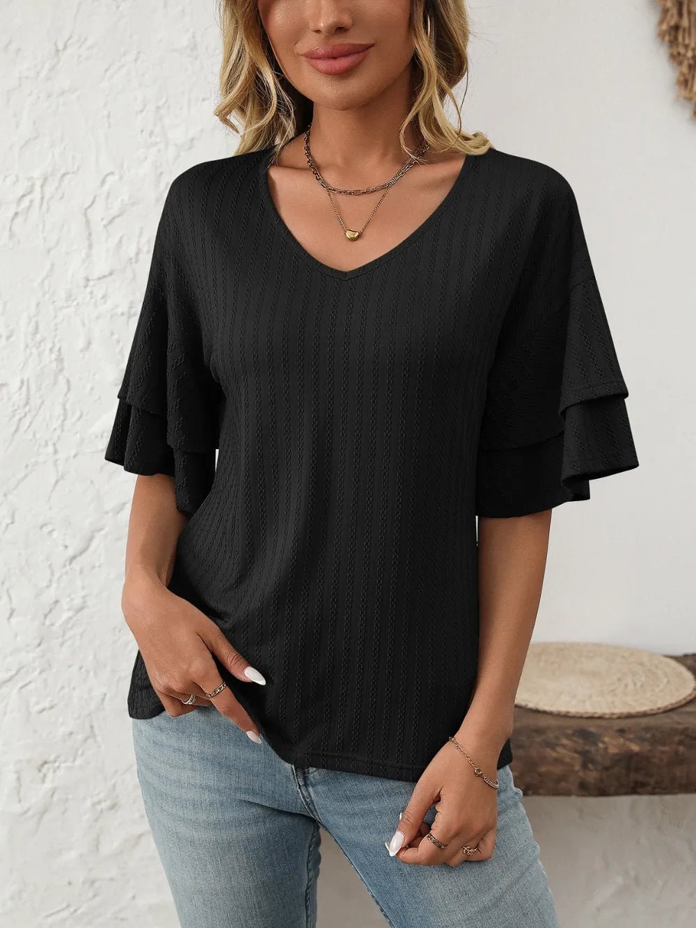 Mandy V-Neck Ruffle Half Sleeve Top - Bayou Curves