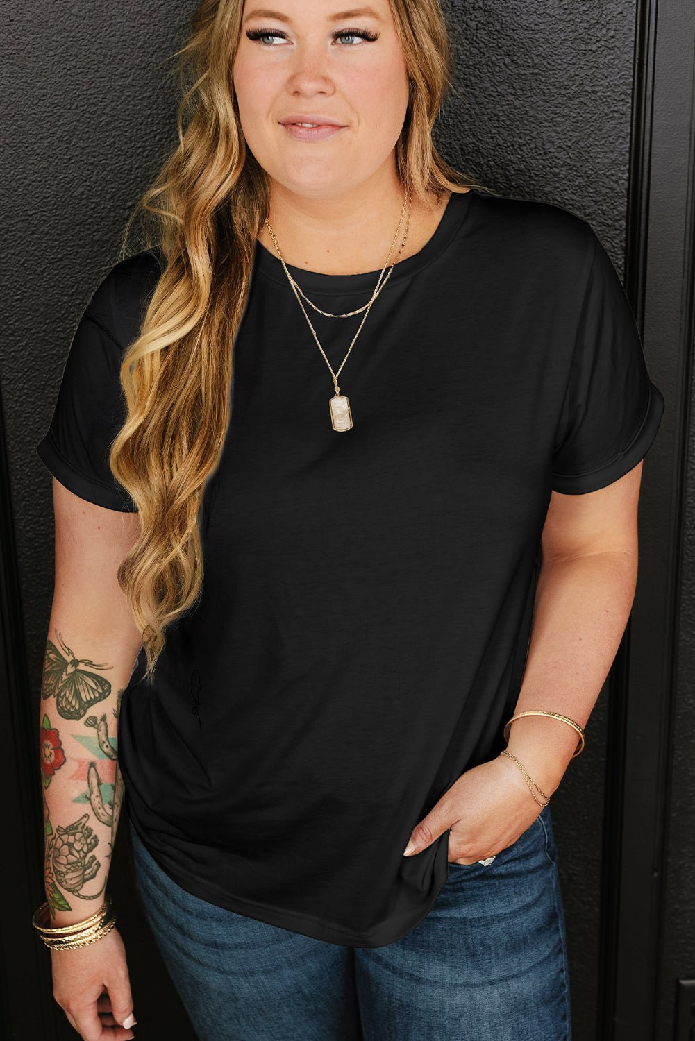 Plus Size Round Neck Rolled Sleeve T-shirt - Bayou Curves
