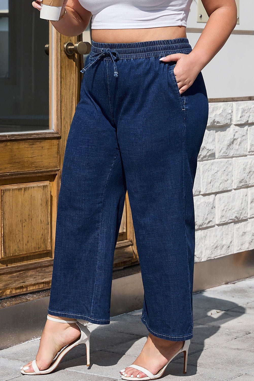 Plus Size Real Teal Drawstring High Waist Wide Leg Jeans - Bayou Curves
