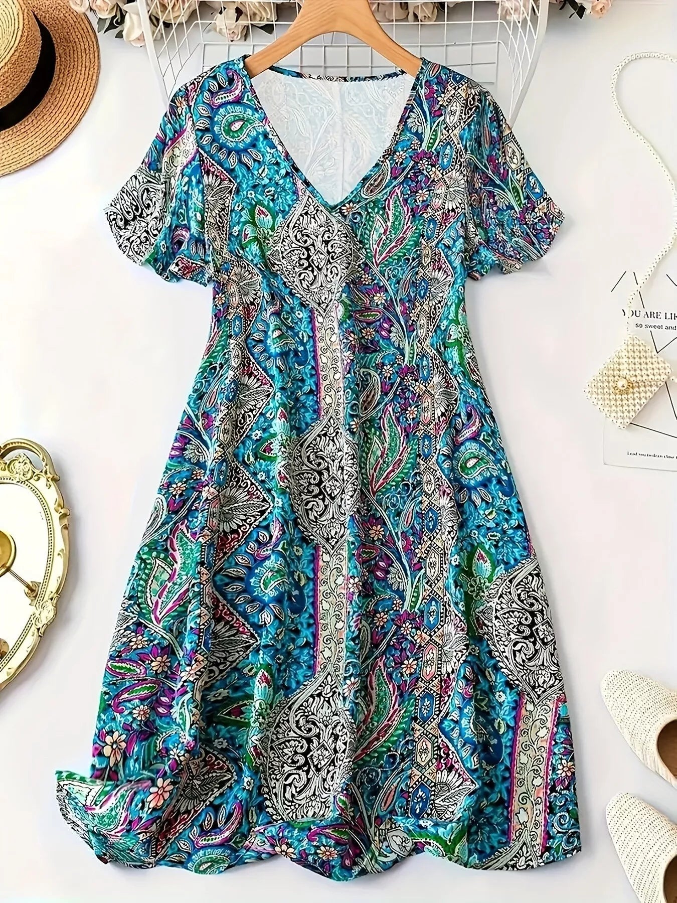 Plus Size Paisley Print V-Neck Short Sleeve Dress - Bayou Curves