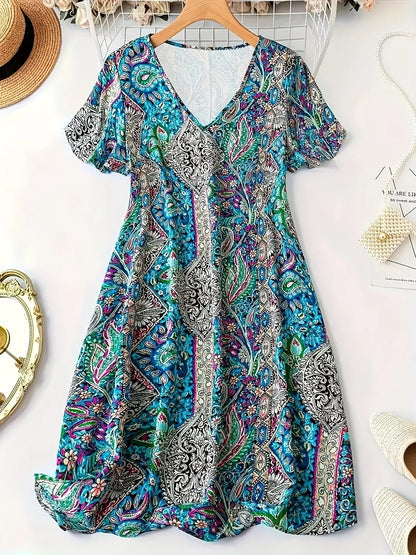 Plus Size Paisley Print V-Neck Short Sleeve Dress - Bayou Curves