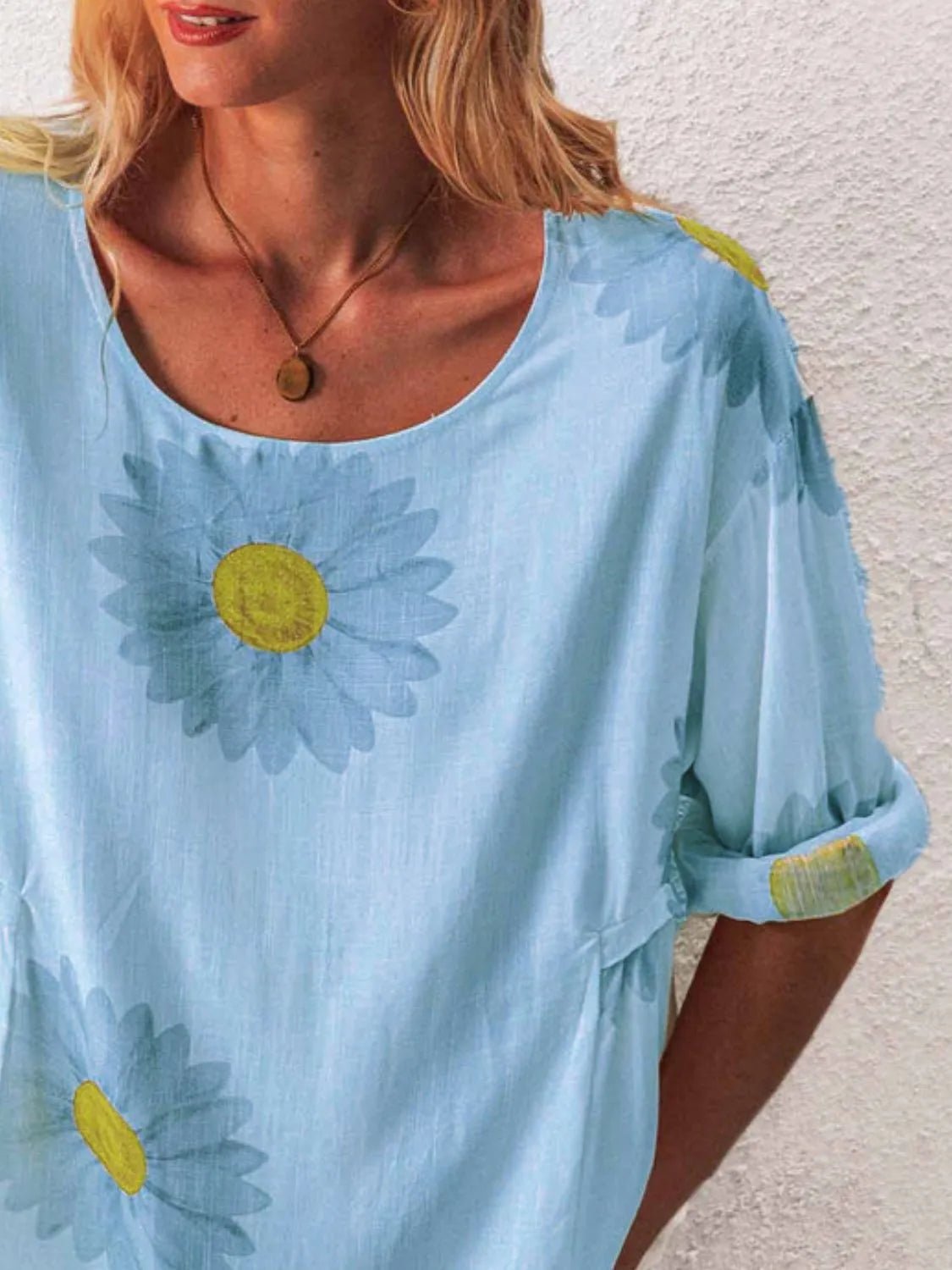 Full Size Flower Round Neck Half Sleeve T-Shirt Plus Size - Bayou Curves