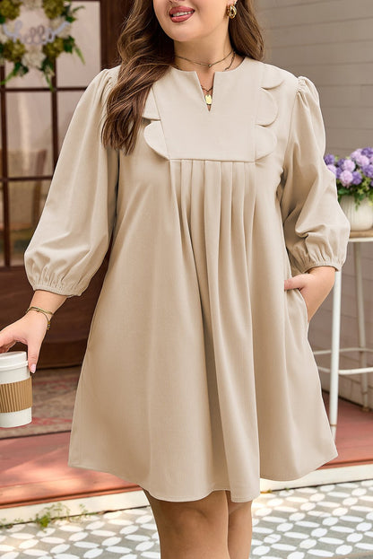 Plus Size Parchment Notched Neck Scallop Detail Mini Dress - Bayou Curves