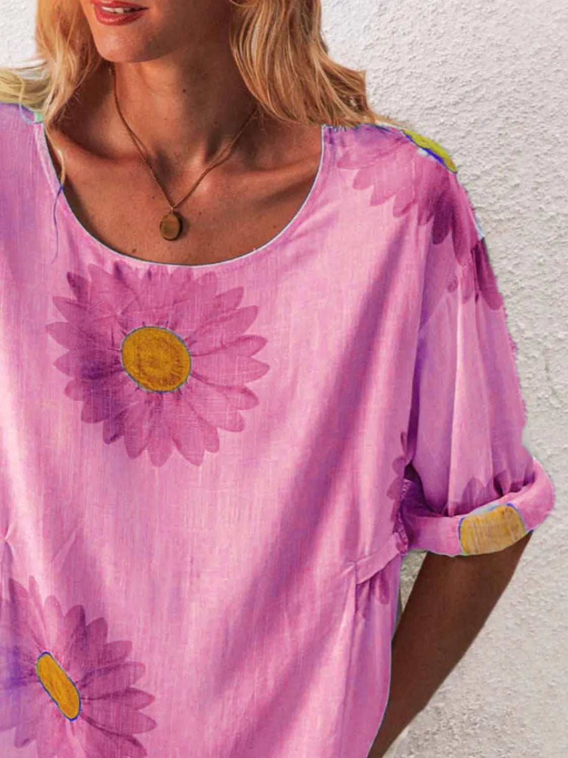 Full Size Flower Round Neck Half Sleeve T-Shirt Plus Size - Bayou Curves