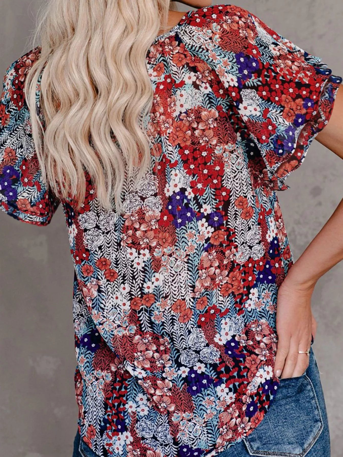 Full Size Floral Print V-Neck Shirt Plus Size - Bayou Curves