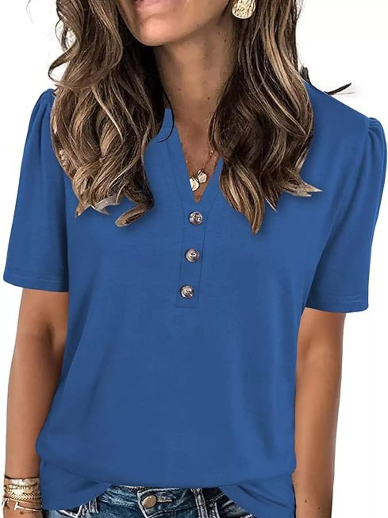 Full Size Notched Short Sleeve Blouse Plus Size - Bayou Curves