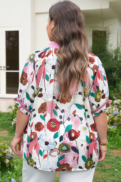 Plus Size Pink V Neck Short Puff Sleeve Floral Blouse