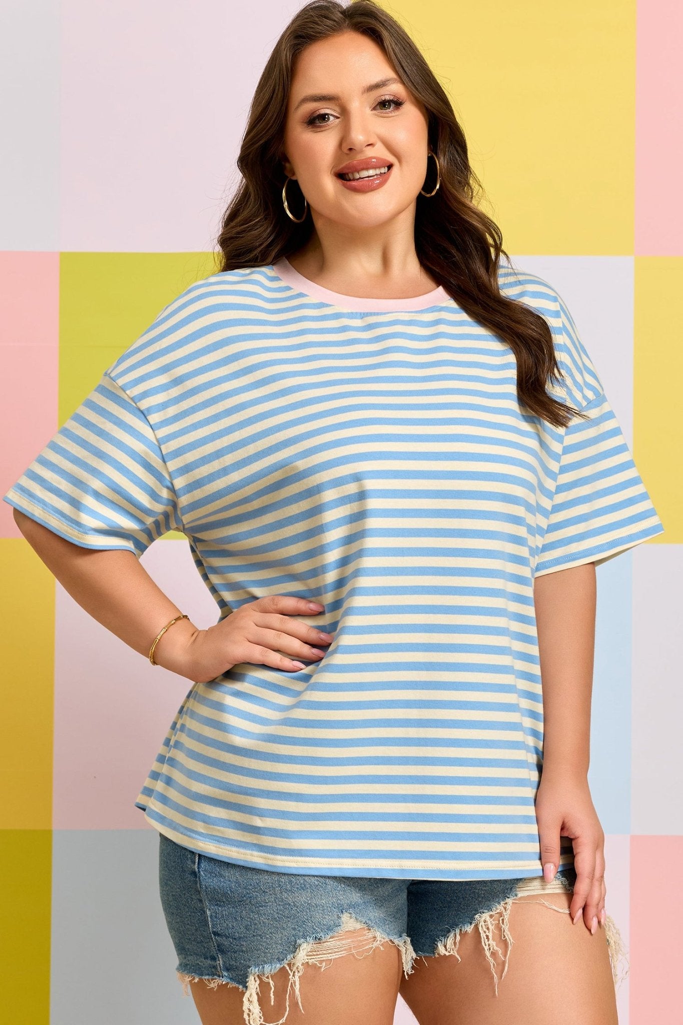 Plus Size Sky Blue Stripe Drop Shoulder Contrast Trim Round Neck Tee - Bayou Curves