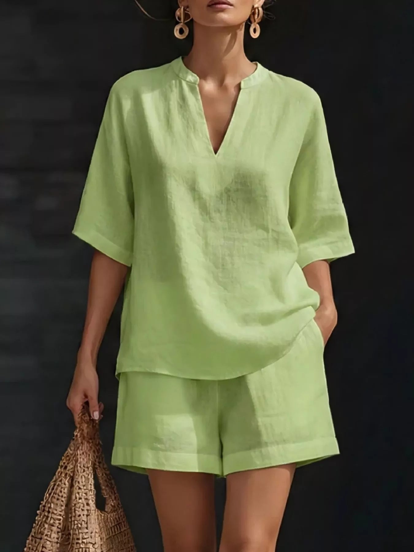 Full Size Notched Half Sleeve Top and Shorts Set Plus Size - Bayou Curves