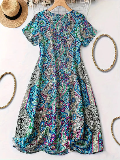 Plus Size Paisley Print V-Neck Short Sleeve Dress - Bayou Curves