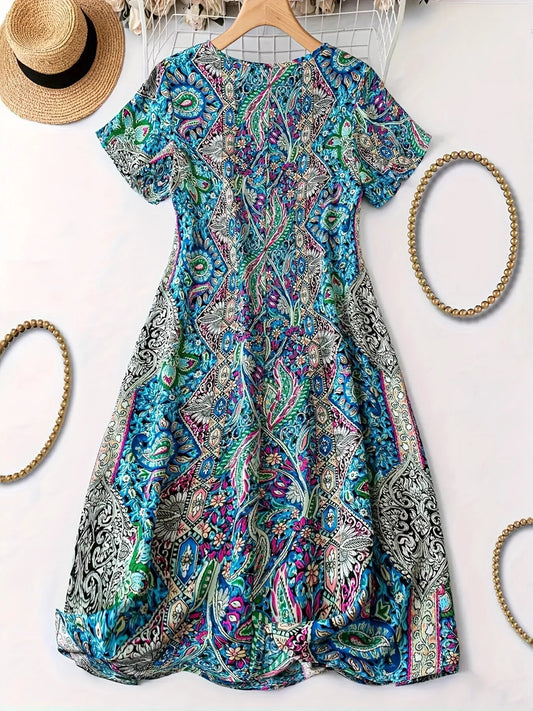 Plus Size Paisley Print V-Neck Short Sleeve Dress - Bayou Curves