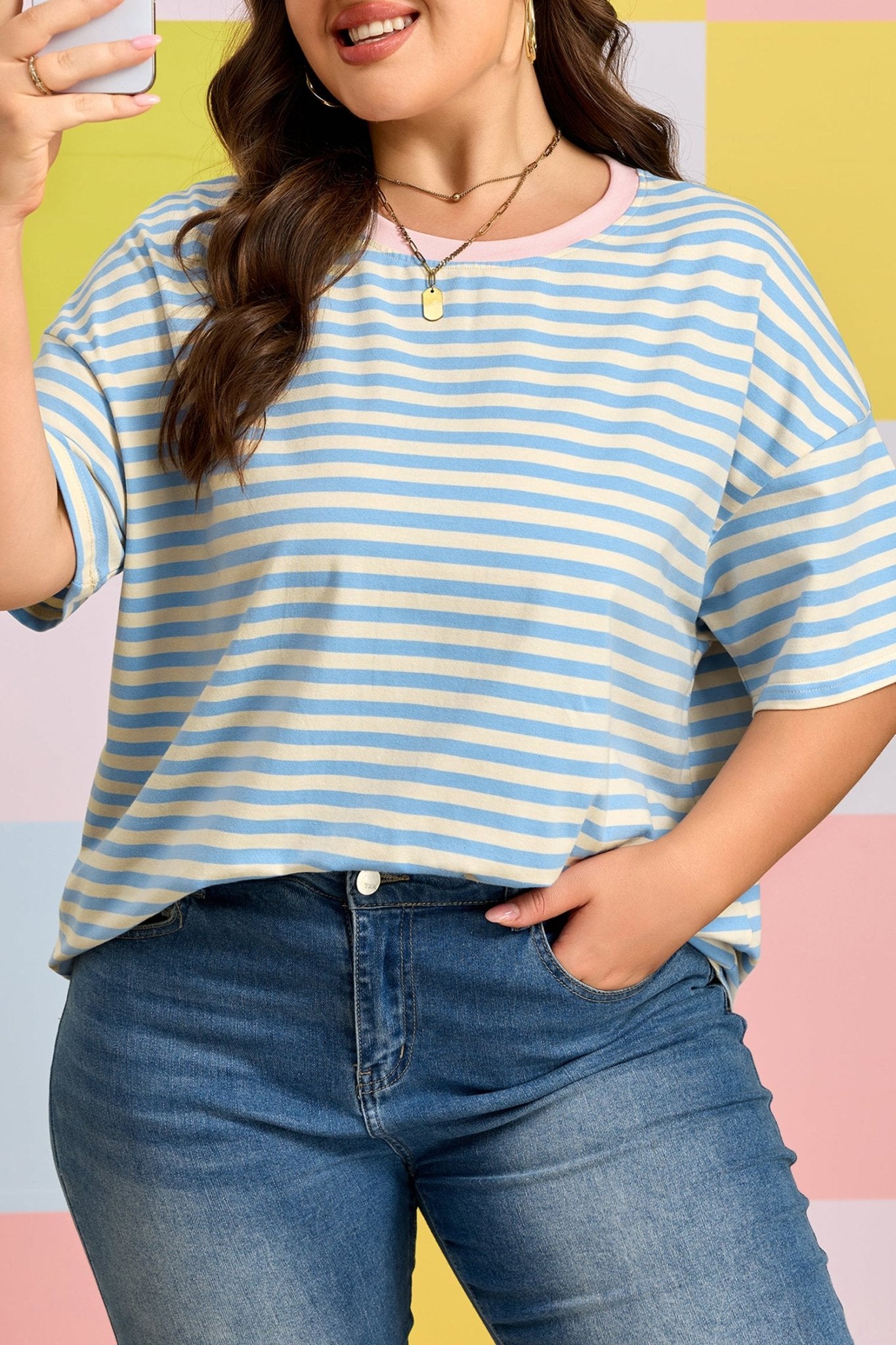 Plus Size Sky Blue Stripe Drop Shoulder Contrast Trim Round Neck Tee - Bayou Curves