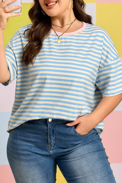 Plus Size Sky Blue Stripe Drop Shoulder Contrast Trim Round Neck Tee - Bayou Curves