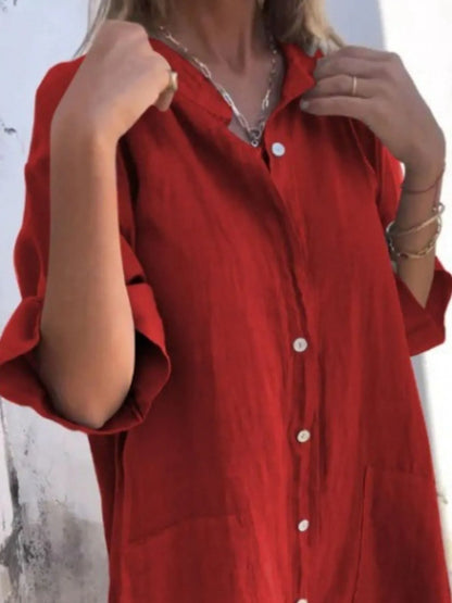 Full Size Casual Linen Button-Down Shirt Dress Plus Size - Bayou Curves