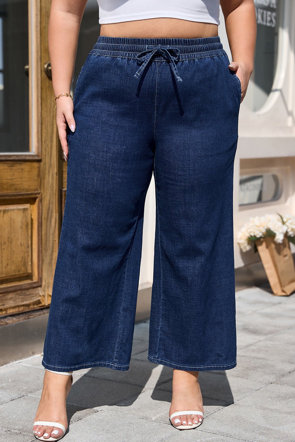 Plus Size Real Teal Drawstring High Waist Wide Leg Jeans - Bayou Curves