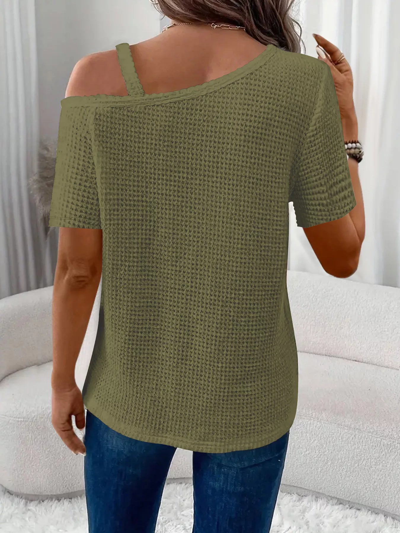 One-Shoulder Chain Detail Waffle Knit T-Shirt - Bayou Curves