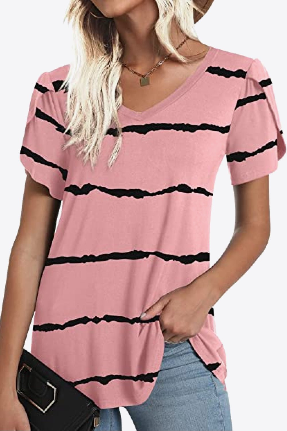 Printed Petal Sleeve V-Neck Blouse - Bayou Curves