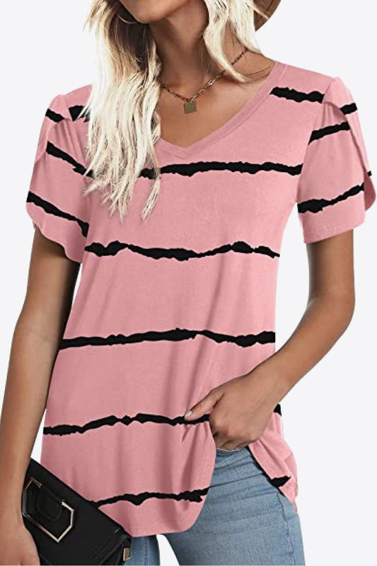 Printed Petal Sleeve V-Neck Blouse - Bayou Curves