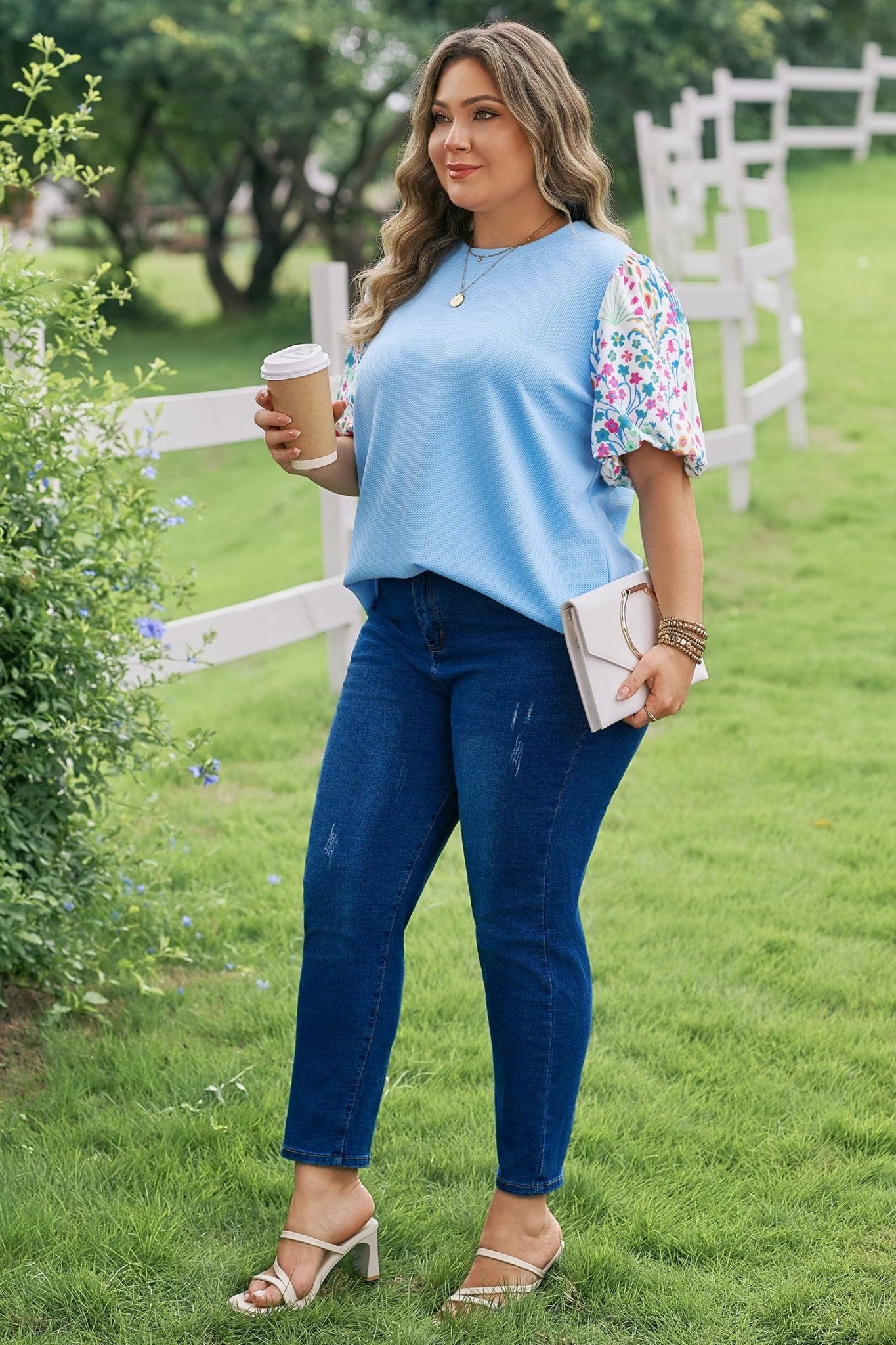Plus Size Light Blue Textured Bodice Contrast Floral Sleeve Top - Bayou Curves