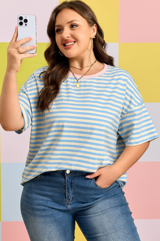 Plus Size Sky Blue Stripe Drop Shoulder Contrast Trim Round Neck Tee - Bayou Curves