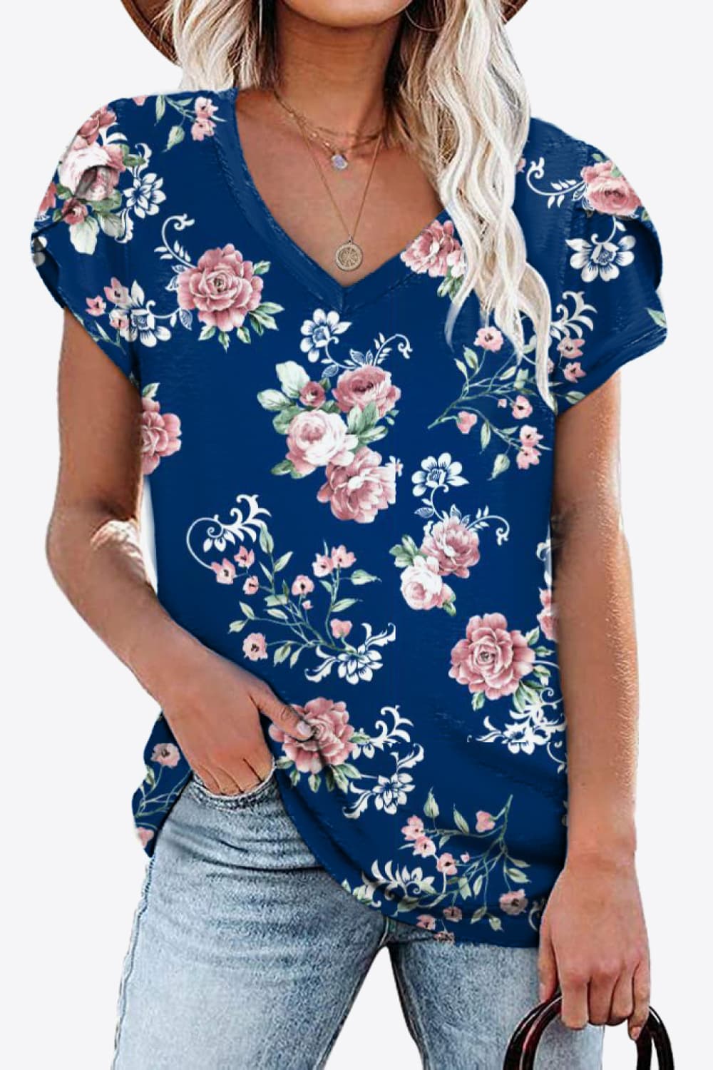 Printed Petal Sleeve V-Neck Blouse - Bayou Curves