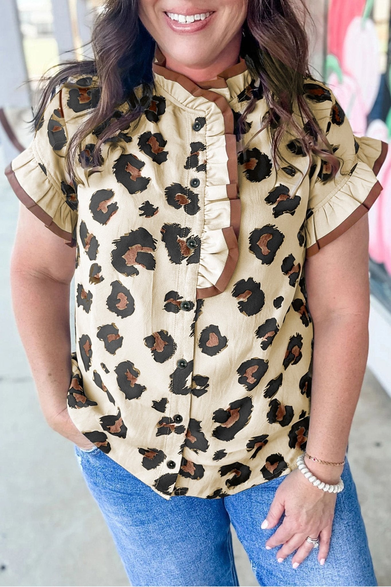 Plus Size Khaki Leopard Print Frilled Color Block Trim Button Down Short Sleeve Blouse - Bayou Curves