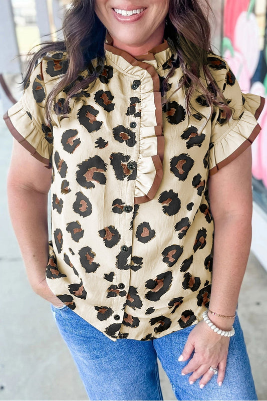 Plus Size Khaki Leopard Print Frilled Color Block Trim Button Down Short Sleeve Blouse - Bayou Curves