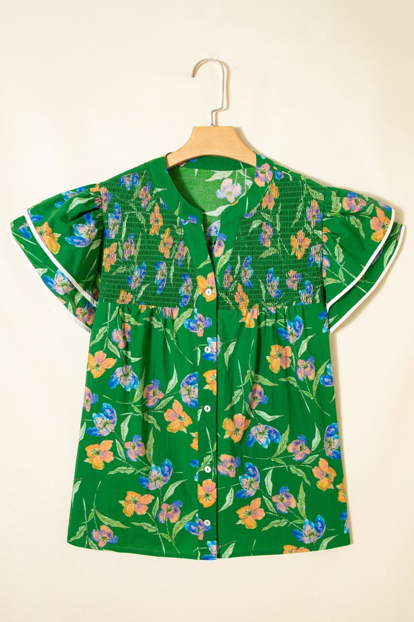 Plus Size Green Ruffled Short Sleeve Floral Top - Bayou Curves