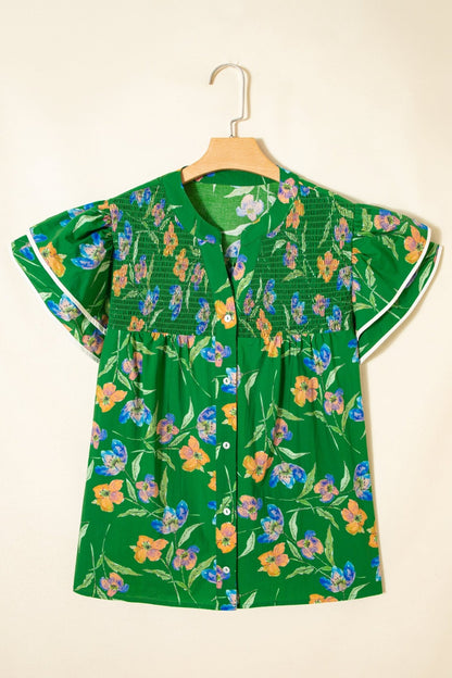 Plus Size Green Ruffled Short Sleeve Floral Top - Bayou Curves