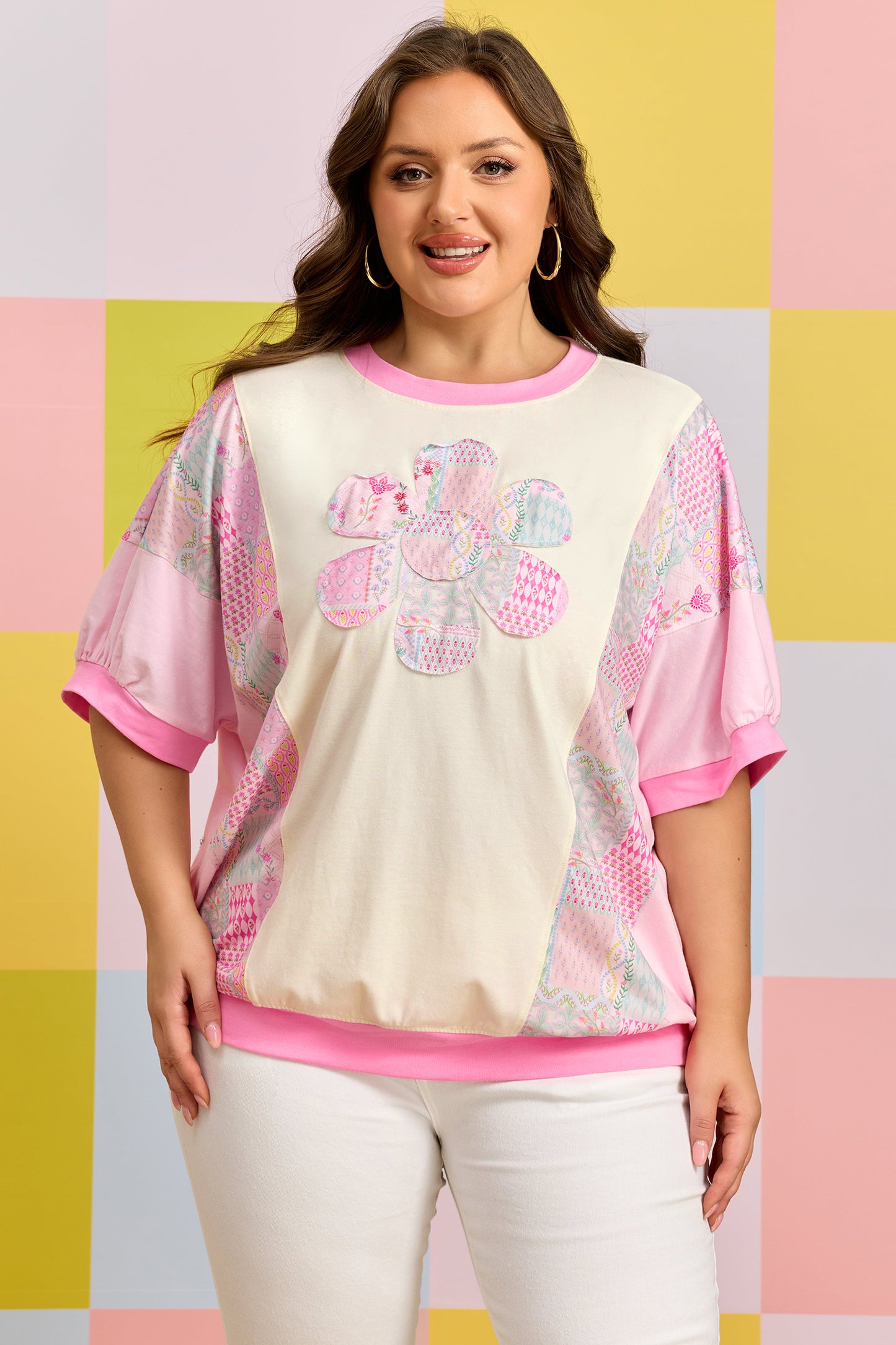 Plus Size Beige Floral Patchwork Short Sleeve Patch Embroidery Cotton T Shirt