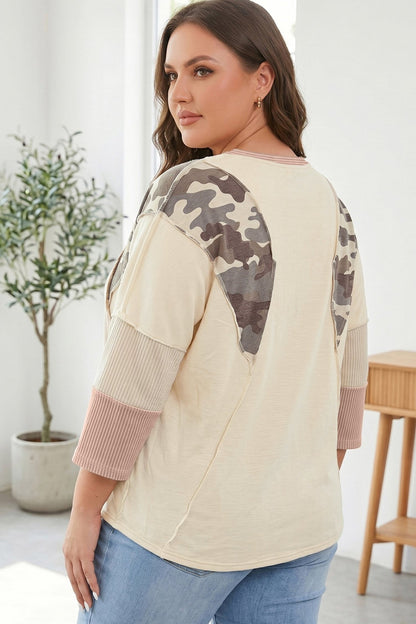 Plus Size Apricot Camouflage Panel Twist Rib Sleeve Round Neck Loose Fit Blouse - Bayou Curves