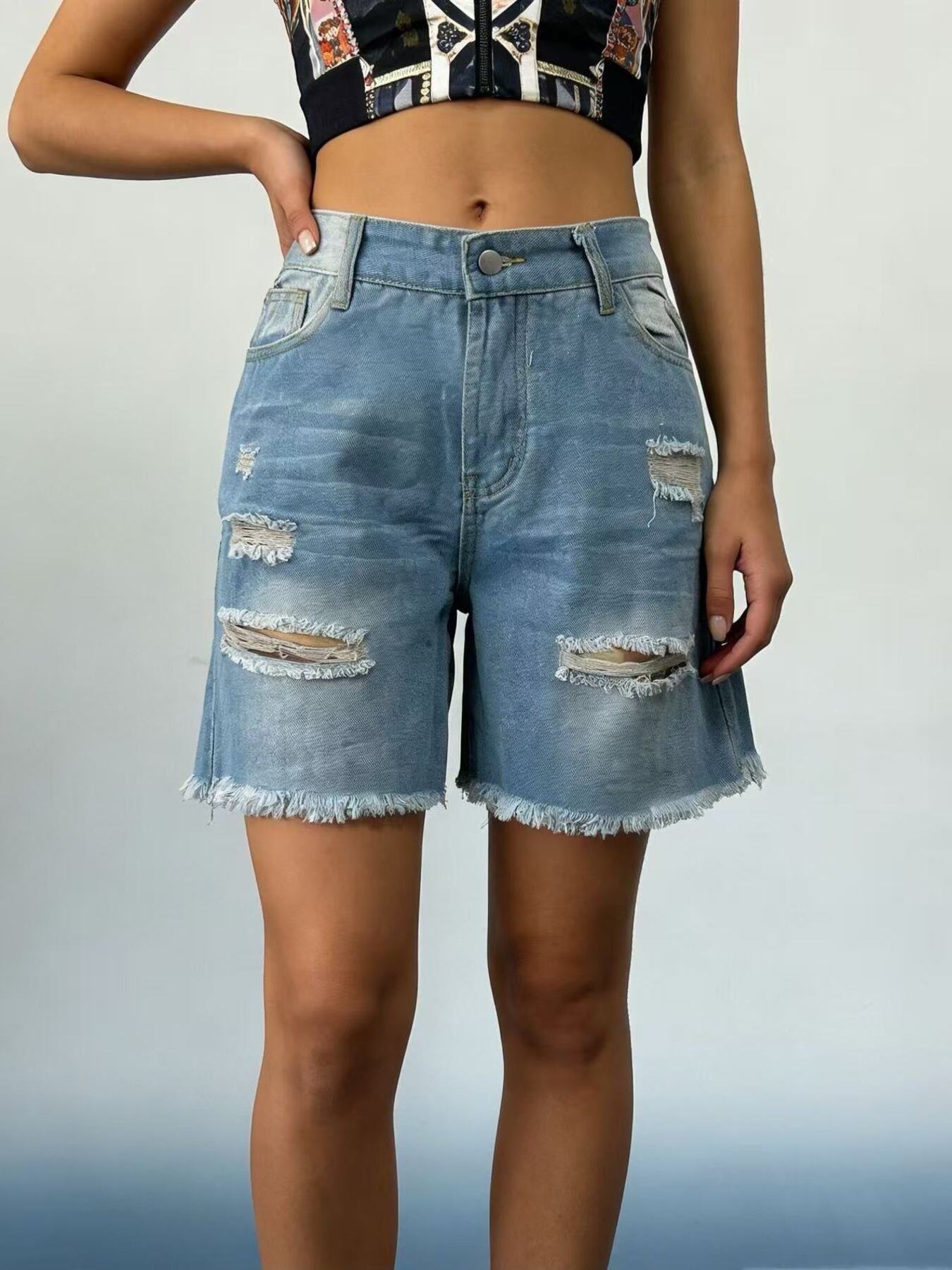 Full Size Ripped Frayed Hem Denim Shorts Plus Size - Bayou Curves