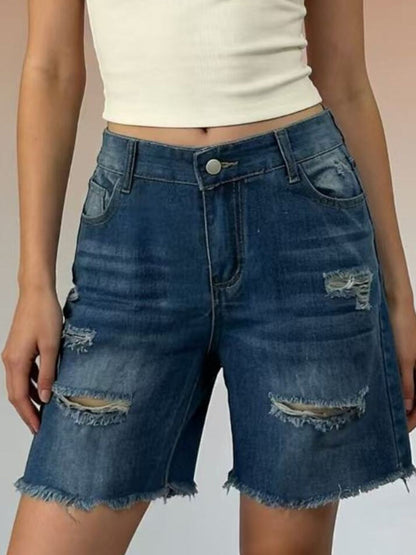 Full Size Ripped Frayed Hem Denim Shorts Plus Size - Bayou Curves