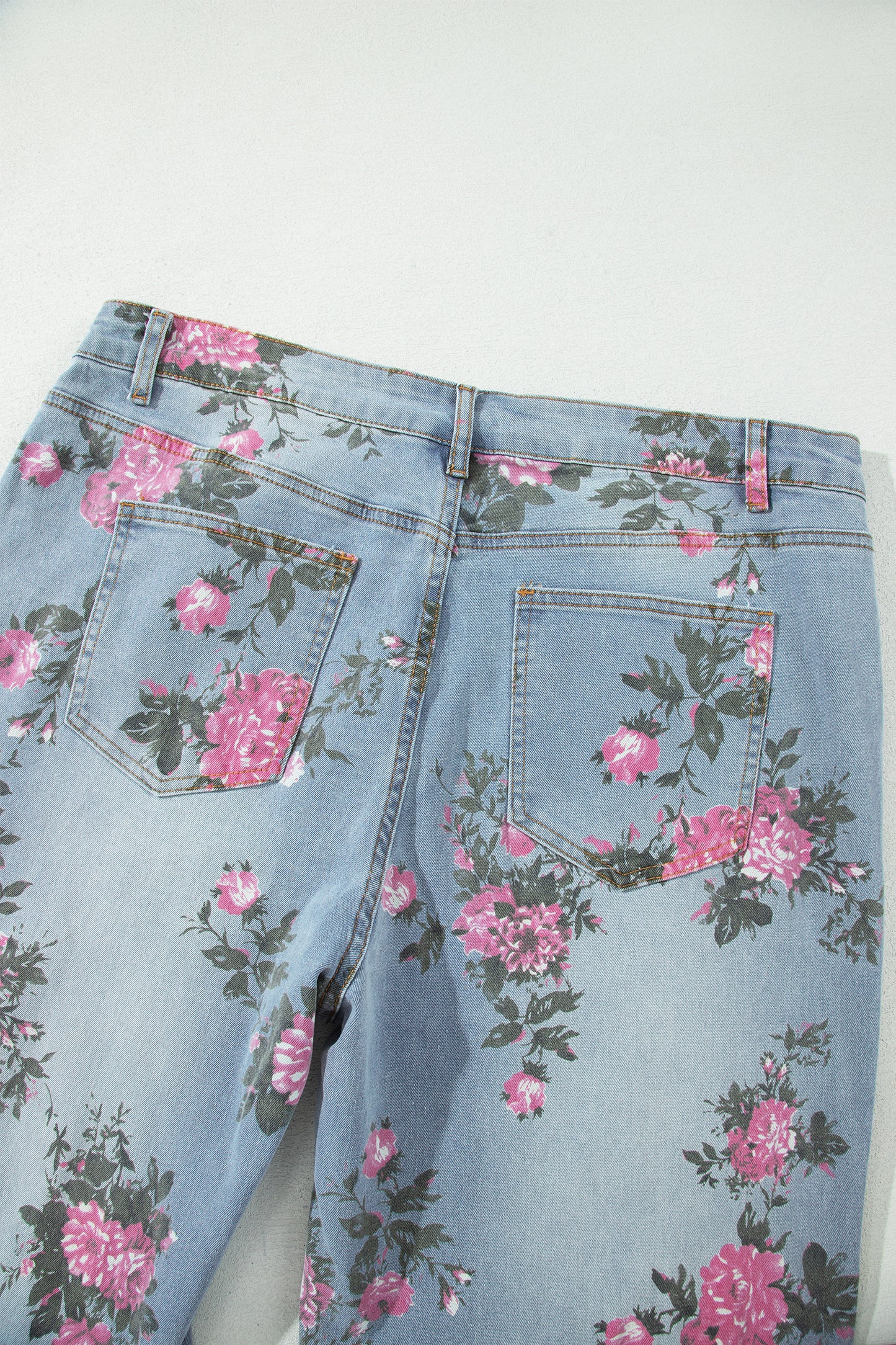 Plus Size Sky Blue Floral Print Ankle Length Loose Jeans