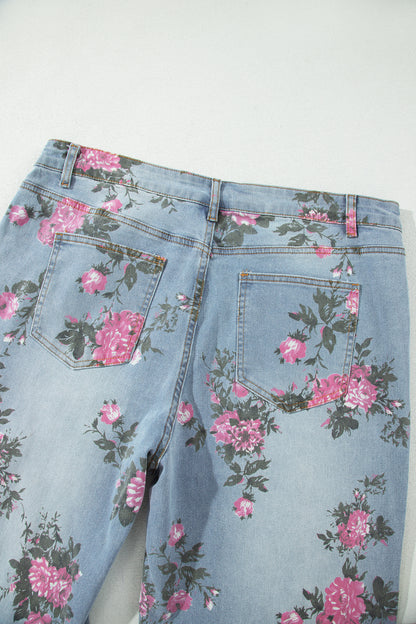 Plus Size Sky Blue Floral Print Ankle Length Loose Jeans