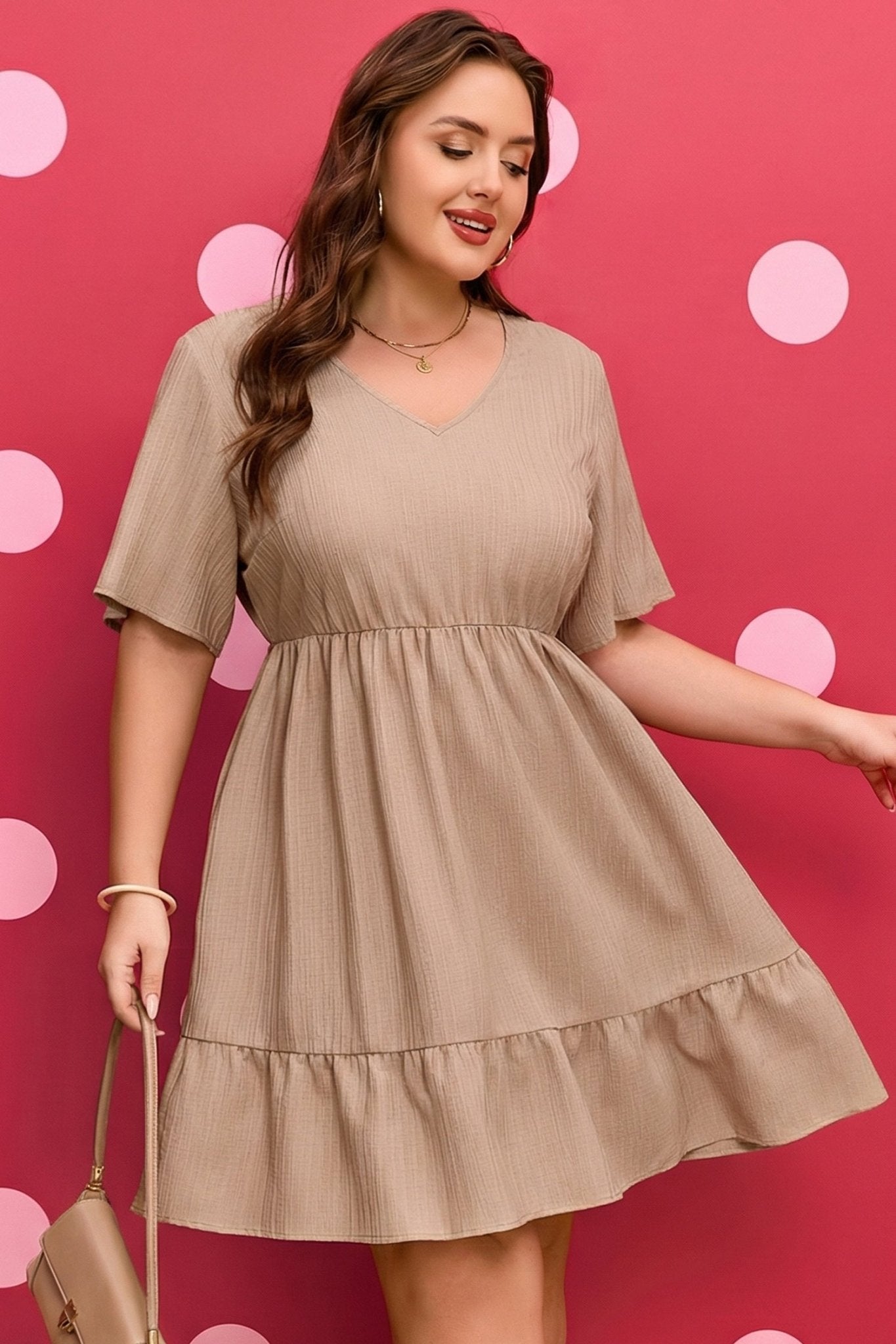 Plus Size Dark Khaki Textured Ruffled Short Sleeve Dress - Bayou Curves
