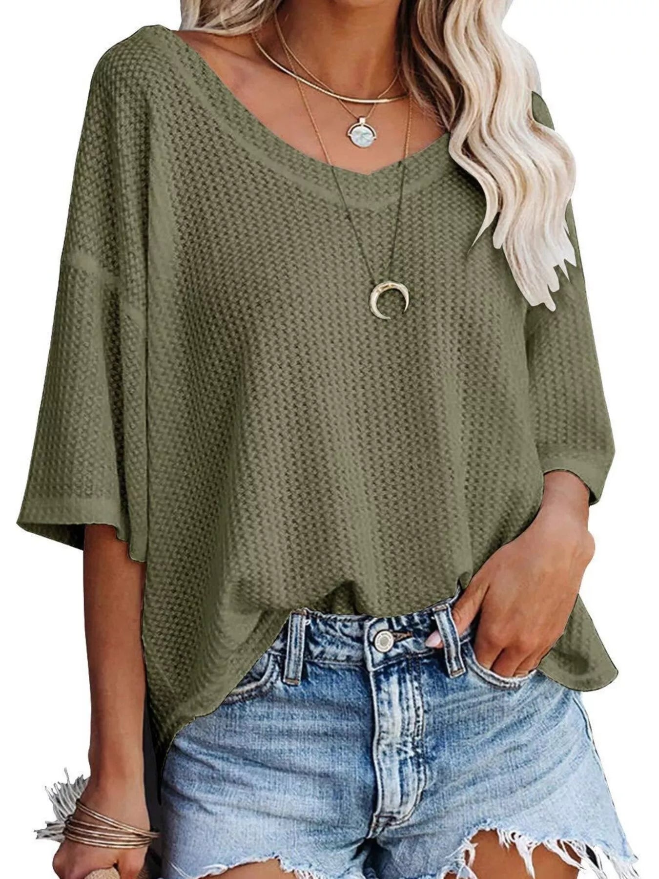 Waffle Knit V-Neck Short Sleeve T-Shirt - Bayou Curves