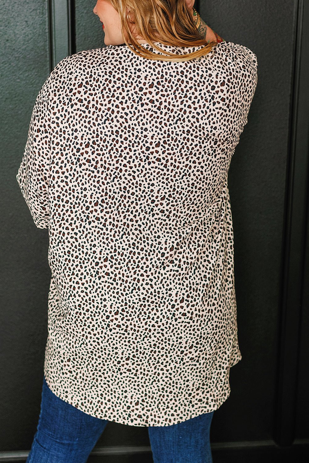 Plus Size Khaki Leopard Print Half Sleeve Open Front Cardigan - Bayou Curves