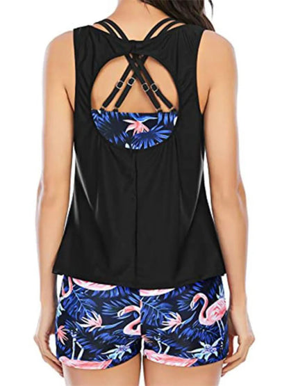 Cutout Printed Round Neck Three-Piece Swim Set - Bayou Curves