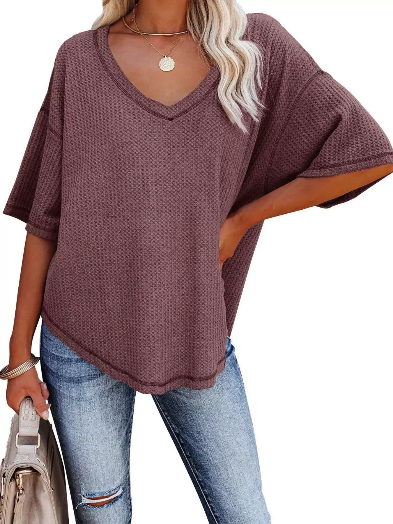 Waffle Knit V-Neck Short Sleeve T-Shirt - Bayou Curves