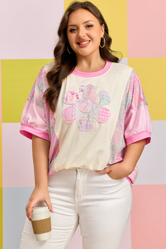 Plus Size Beige Floral Patchwork Short Sleeve Patch Embroidery Cotton T Shirt