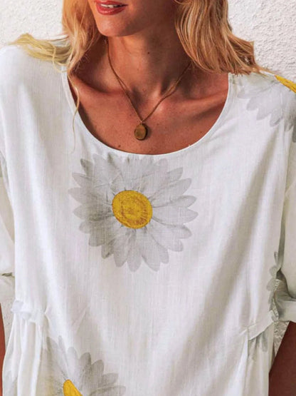 Full Size Flower Round Neck Half Sleeve T-Shirt Plus Size - Bayou Curves