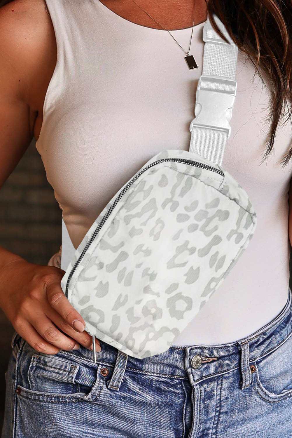 White Leopard Print Buckle Canvas Chest Bag 20*5*14cm - Bayou Curves