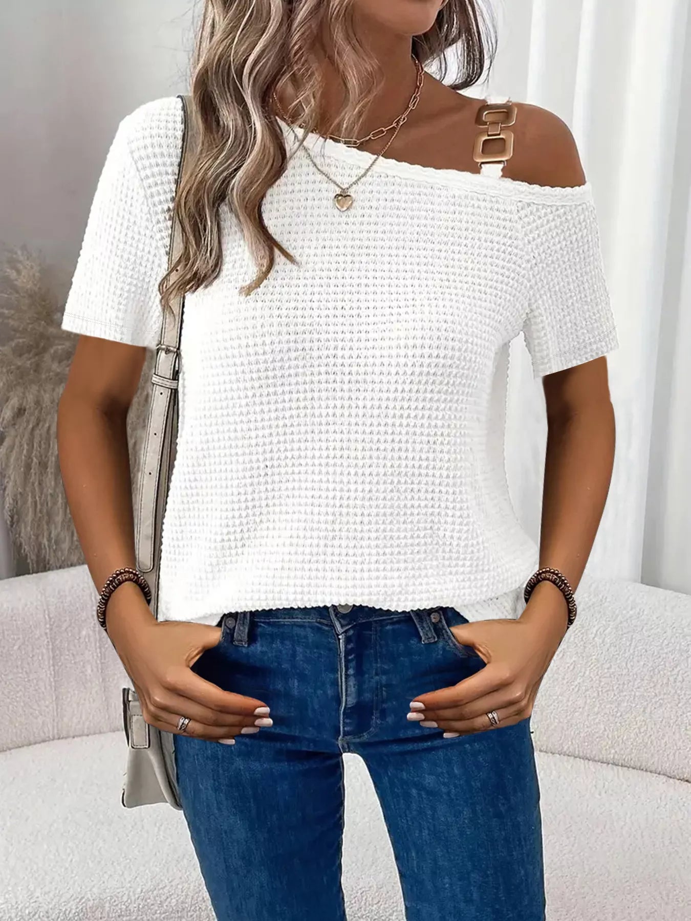 One-Shoulder Chain Detail Waffle Knit T-Shirt - Bayou Curves