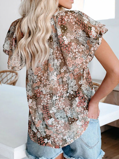 Full Size Floral Print V-Neck Shirt Plus Size - Bayou Curves