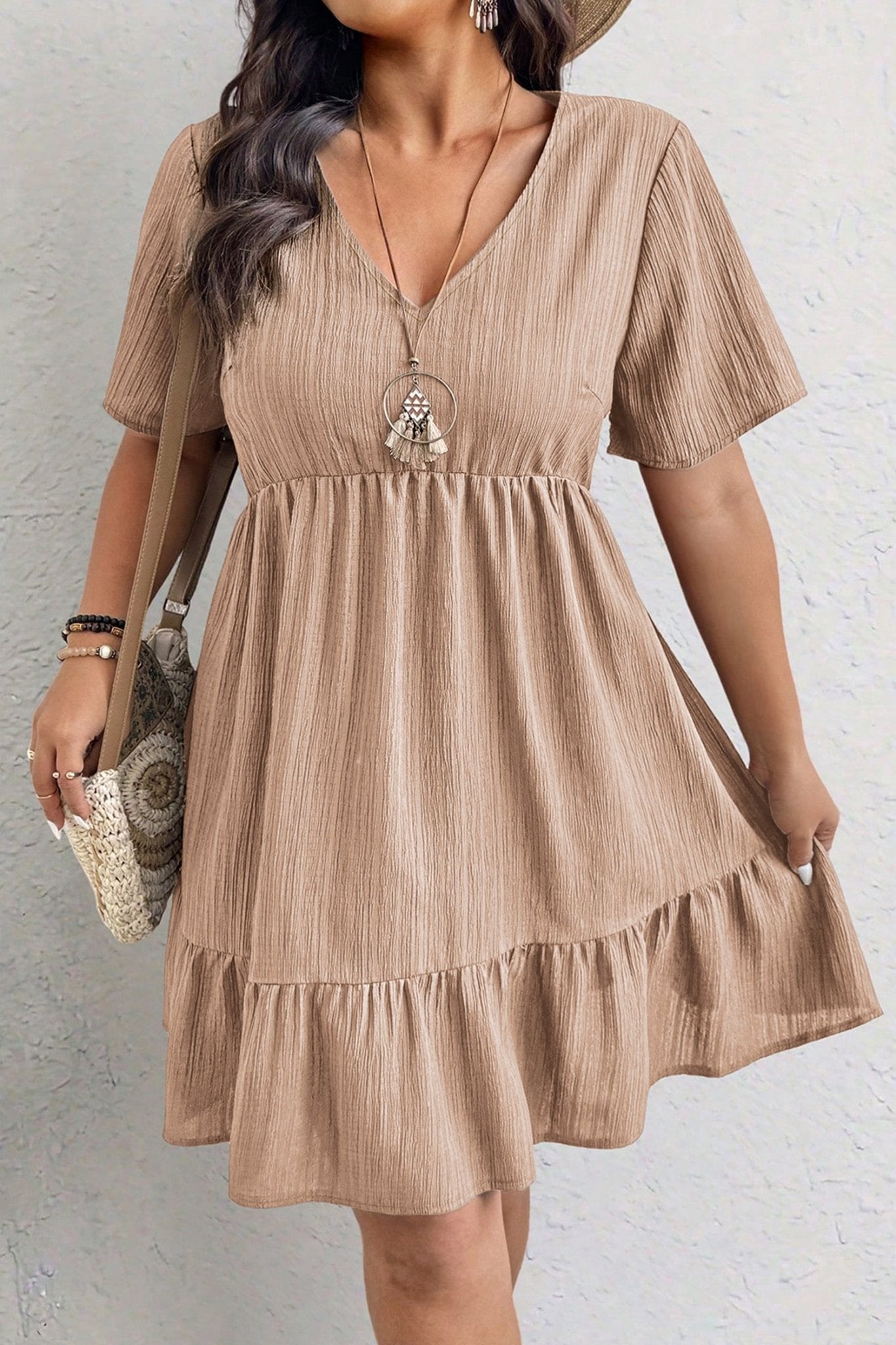 Plus Size Dark Khaki Textured Ruffled Short Sleeve Dress - Bayou Curves