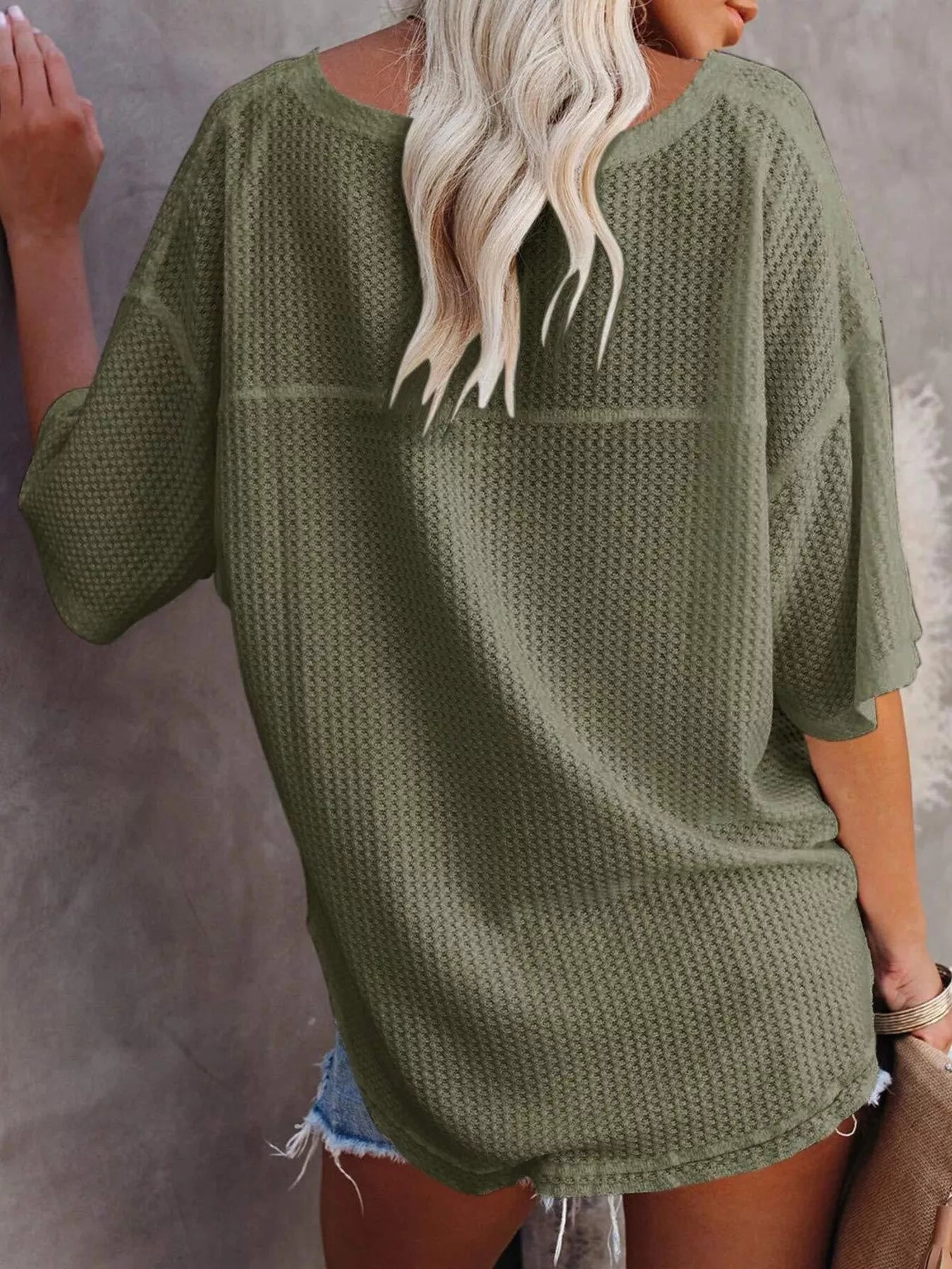 Waffle Knit V-Neck Short Sleeve T-Shirt - Bayou Curves